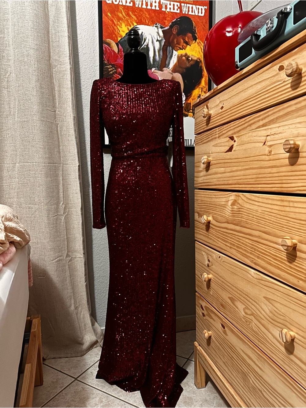 Eliza J Wine Red Long-Sleeve Sequin Evening Gown (NWT)